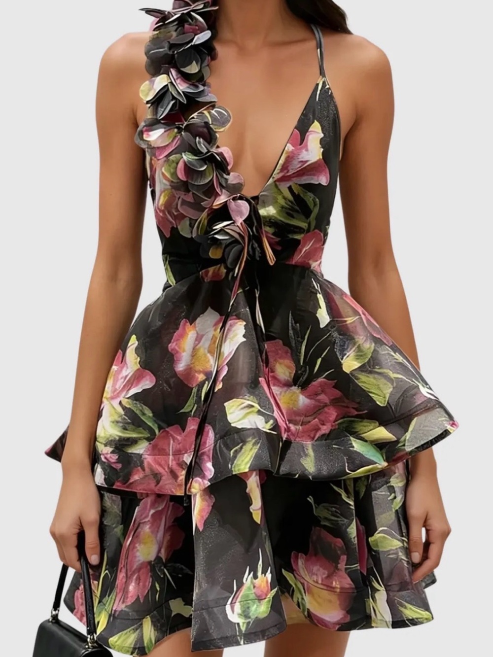 NWT Floral Black Halter Ruffle Mini Dress